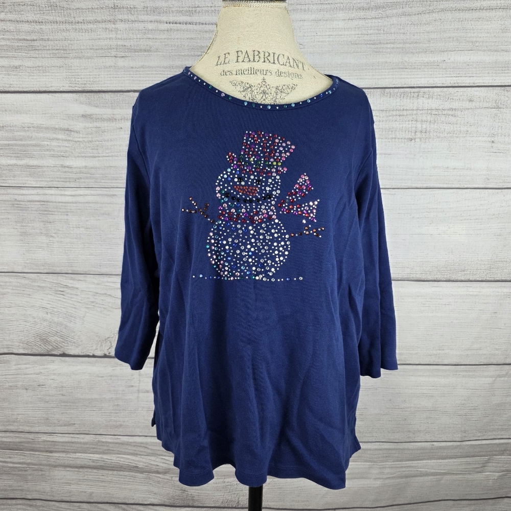 Quacker Factory Blue Snowman Embellished Long Sleeve Top
